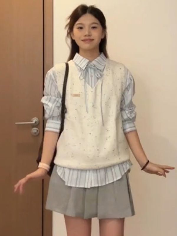 Women’s Knit Sweater Vest & Shirt Set – Layered Outfit (Style 12318)